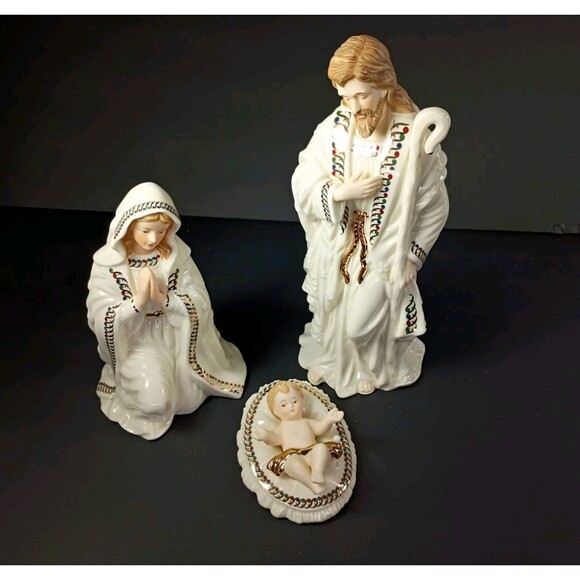 Baby Jesus Mary Joseph Porcelain Nativity 3 Piece Scene White Gold Holiday Decor - Picture 1 of 16